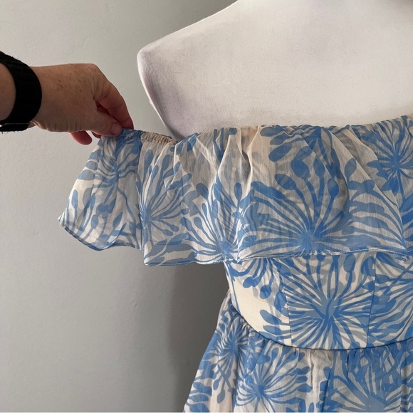 Amanda Uprichard Venezia blue & cream off shoulder midi dress size XS - Picture 3 of 13